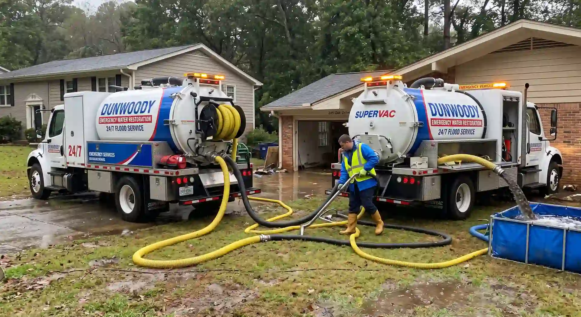 Water extraction in Dunwoody, GA emergency truck-mount vacuum extraction unit pumping flood water from property