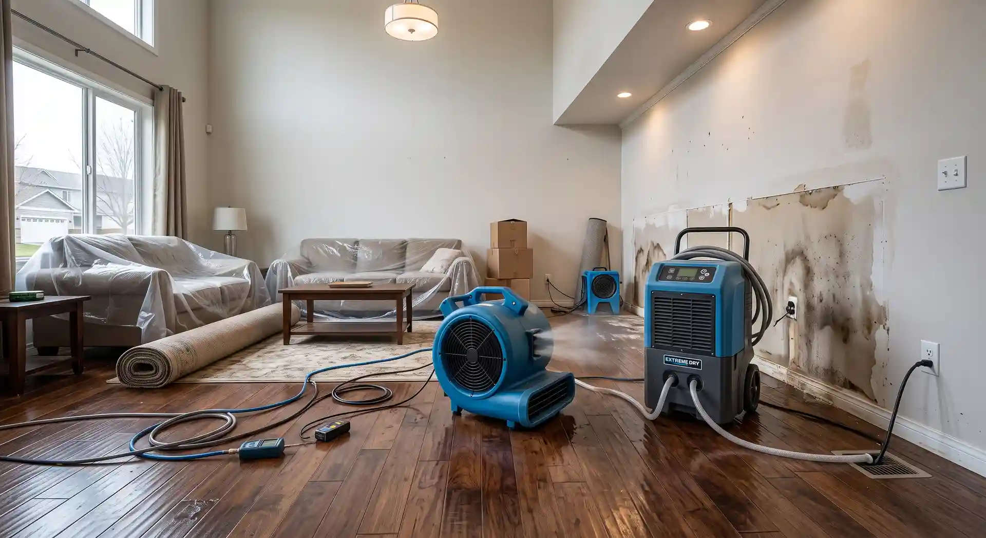 Industrial dehumidifier and air mover fan drying wet hardwood floor and drywall inside a home.