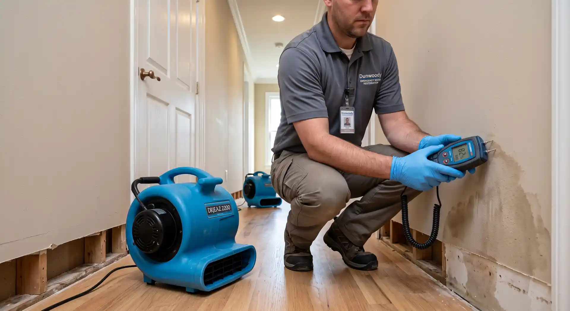 Restoration technician measuring moisture levels while using an air mover fan to dry walls inside a home.