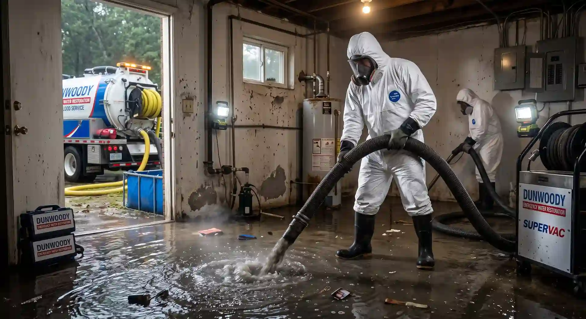 Biohazard restoration professional in protective suit cleaning up a basement sewer backup emergency.